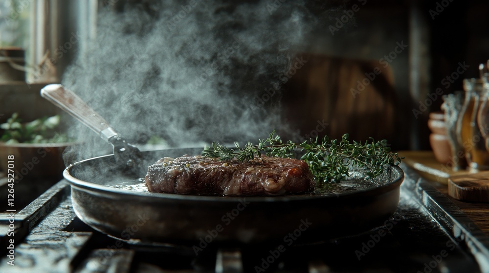 Sizzling steak preparation kitchen digital art rustic environment close-up view fresh thyme infusion