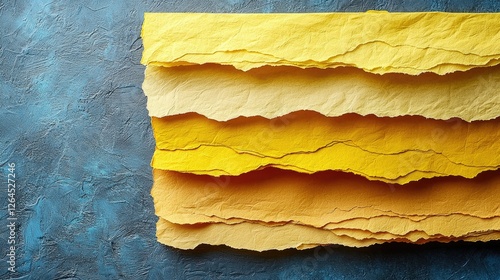 Vibrant layers of textured yellow paper stacked against a blue background, ideal for creative projects photo