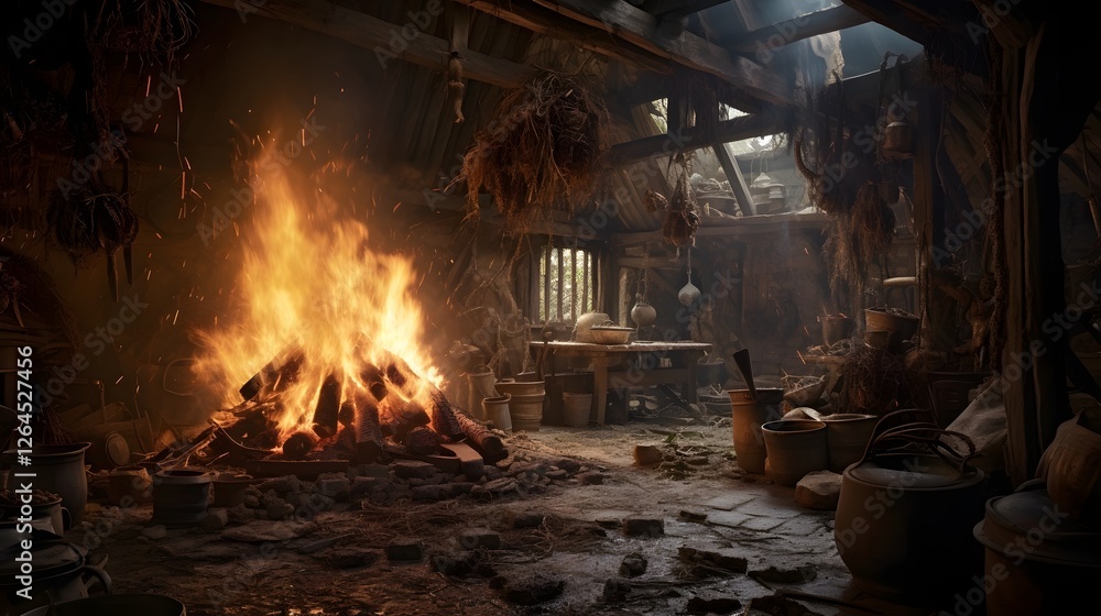 Intense Flames Consume a Traditional Wooden Kitchen Bright Embers Flying Amidst the Fiery Destruction Intense Flames Consume a Traditional Wooden Kitchen Bright Embers Flying Amidst the Fiery Destruction