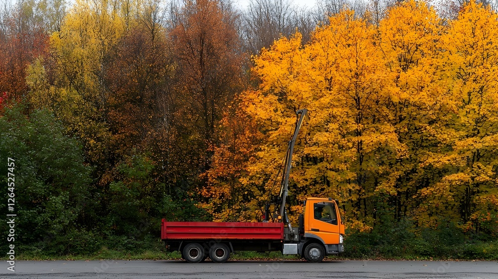Orange Dump Truck Parked Near Vibrant Autumn Trees Orange Dump Truck Parked Near Vibrant Autumn Trees