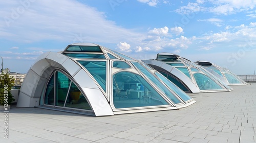 Futuristic Hyperbolic Paraboloid Rooftop Design with Glass Skylights resembling Cinematic Alien Spacecraft | Ultra-Detailed Space-Age Architecture photo