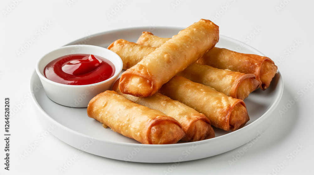 A mouthwatering image displaying crispy spring rolls served with a side of ketchup, highlighting their savory appeal perfect for appetizers or snacks.