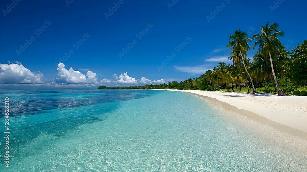 Fototapeta premium Tropical Paradise White Sand Beach Crystal Clear Turquoise Water Palm Trees