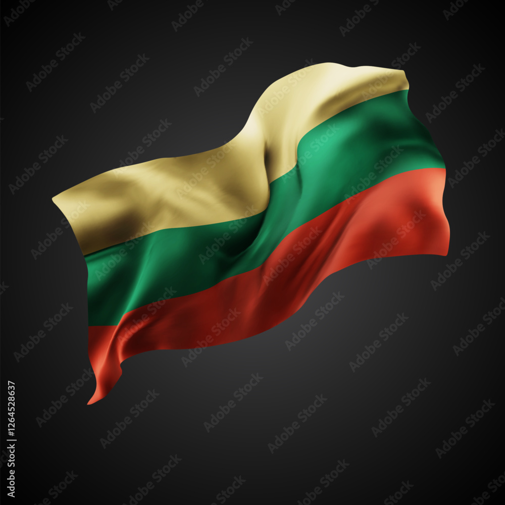 Obraz premium Lithuania, vector 3d flag with waves on a black background