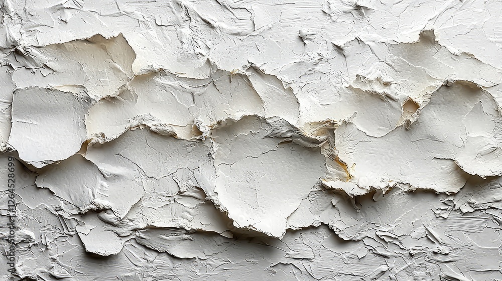 Close-up of textured, peeling white paint on a wall, showcasing layers and patterns, ideal for backgrounds Close-up of textured, peeling white paint on a wall, showcasing layers and patterns, ideal for backgrounds