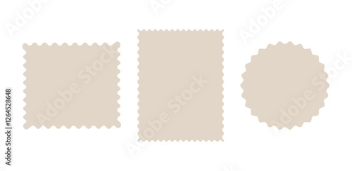 Set of blank postage stamps. Empty vintage labels. Sheet of paper isolated on transparent and white background. Frame with wavy edge. Vector illustration. Close-up elements for design decoration.