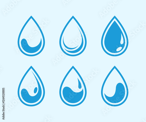 Water drops icon set. Water or oil drop signs. Vector illustration. Water Splash, Blue water splash or drops isolated on cream background, rain splash, rain drop, Blue rain drop