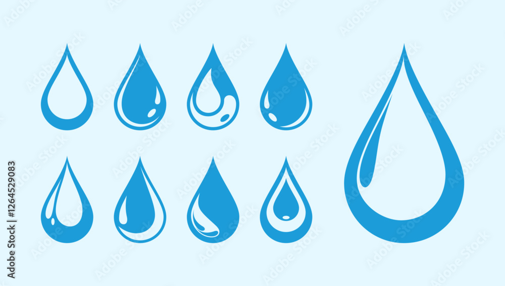 Water drops icon set. Water or oil drop signs. Vector illustration. Water Splash, Blue water splash or drops isolated on cream background, rain splash, rain drop, Blue rain drop