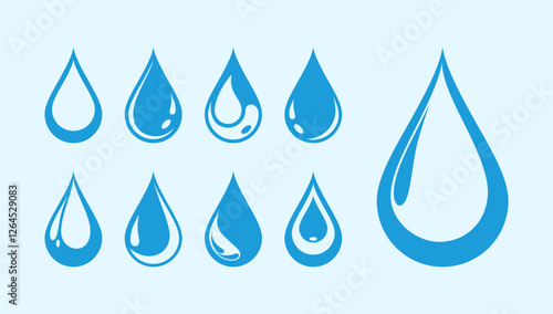 Water drops icon set. Water or oil drop signs. Vector illustration. Water Splash, Blue water splash or drops isolated on cream background, rain splash, rain drop, Blue rain drop