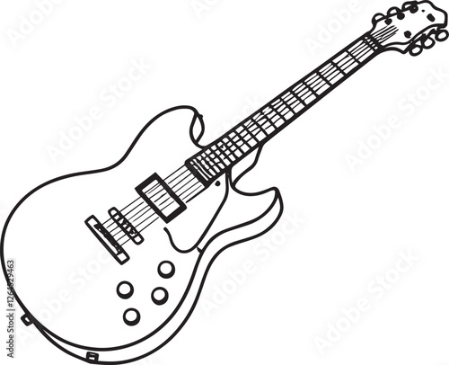 Hand drawn sketch of guitar isolated, Black and White Cartoon Vector Illustration for Coloring Book