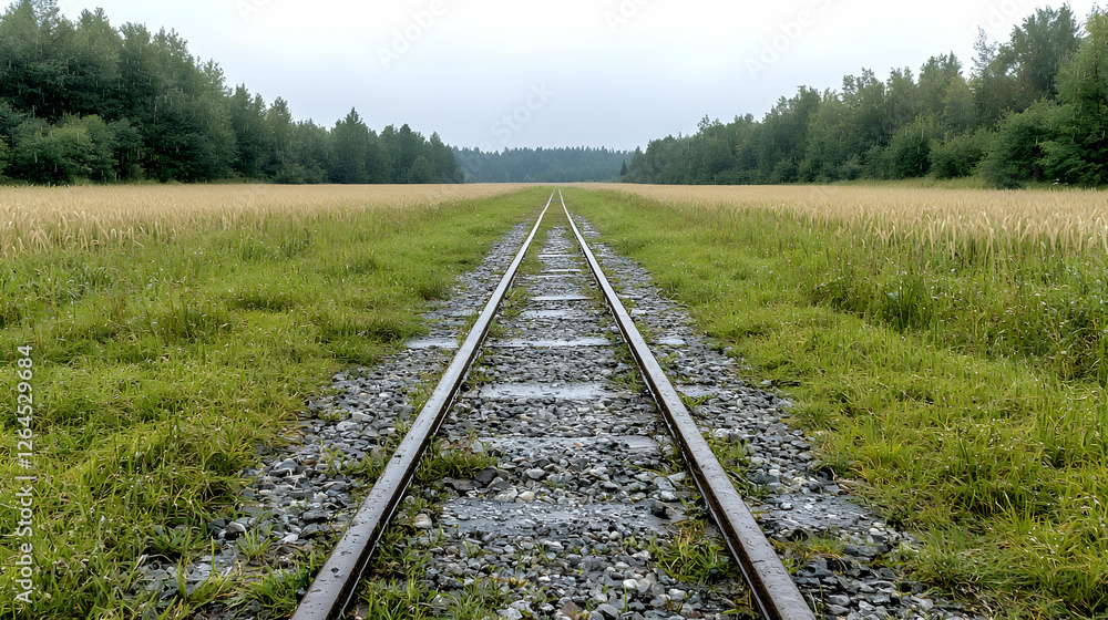 Railroad tracks through field, summer landscape, journey Railroad tracks through field, summer landscape, journey