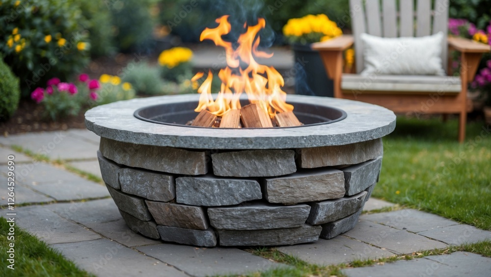 This rustic stone fire pit nestled in a lush garden creates a warm gathering spot, ideal for cozy evenings surrounded by nature and blooming flowers in vibrant colors. This rustic stone fire pit nestled in a lush garden creates a warm gathering spot, ideal for cozy evenings surrounded by nature and blooming flowers in vibrant colors.