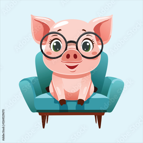 pig with round glasses sitting on a chair, looking wise