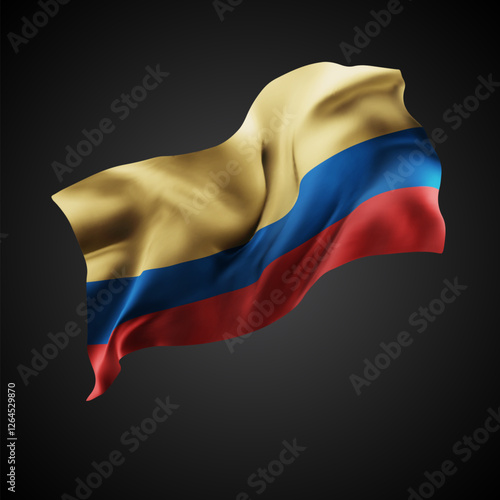 Colombia, vector 3d flag with waves on a black background