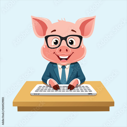 pig with glasses sitting at a desk, typing on a keyboard