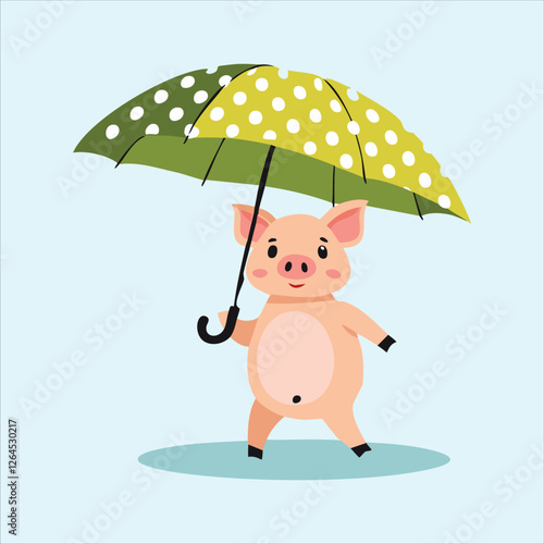 pig with a colorful umbrella, smiling as rain falls around