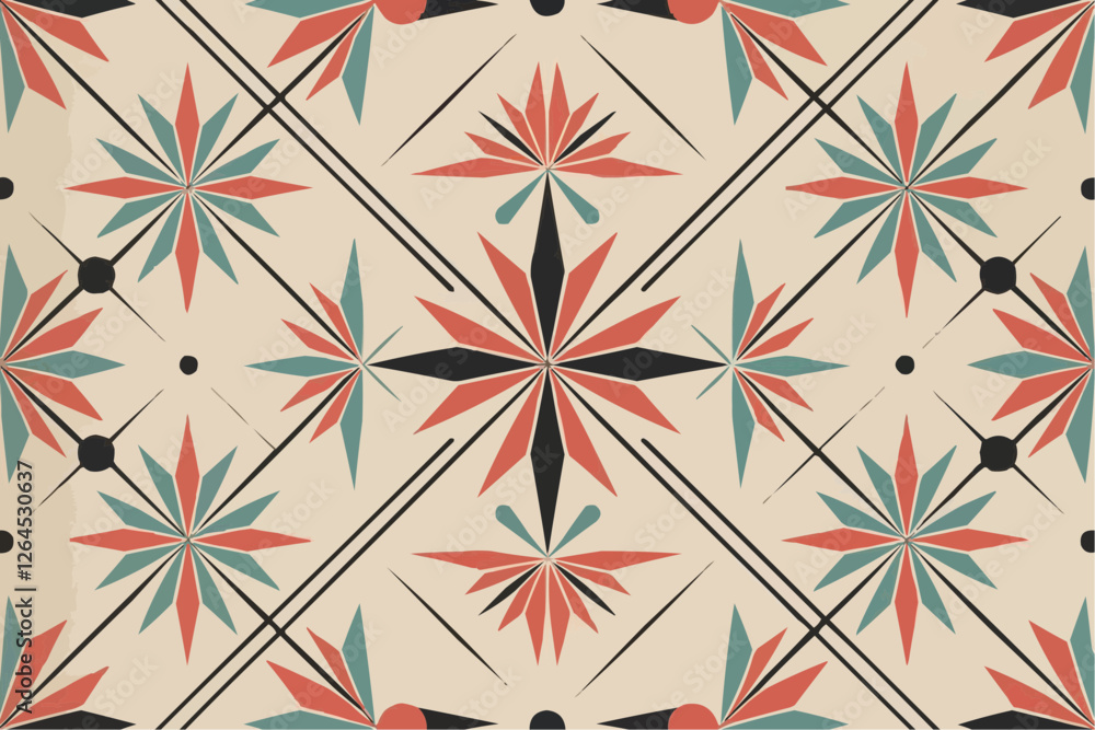Geometric pattern featuring vibrant red and teal star-like shapes against a soft beige background, with black accents Geometric pattern featuring vibrant red and teal star-like shapes against a soft beige background, with black accents