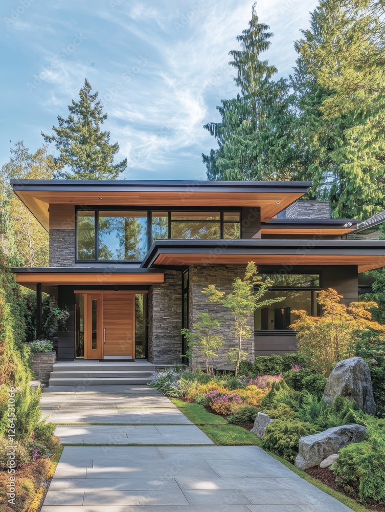 Modern house with beautiful landscape and natural exterior elements Modern house with beautiful landscape and natural exterior elements