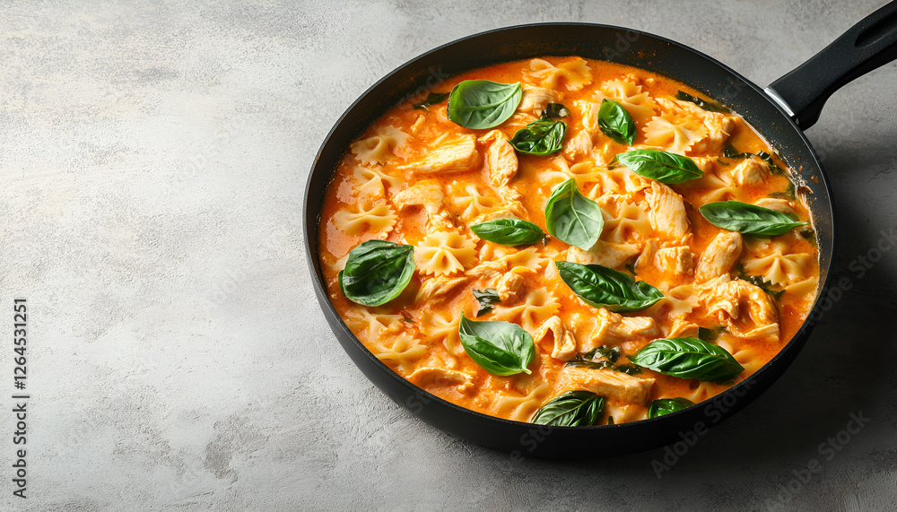 Farfalle pasta in tomato sauce with chicken, basil in pan. Chicken italian bow tie pasta over concrete background with copy space, homemade italian food Farfalle pasta in tomato sauce with chicken, basil in pan. Chicken italian bow tie pasta over concrete background with copy space, homemade italian food