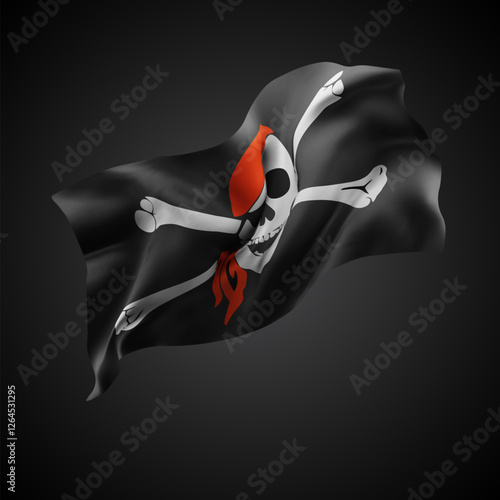 Pirate, vector 3d flag with waves on a black background