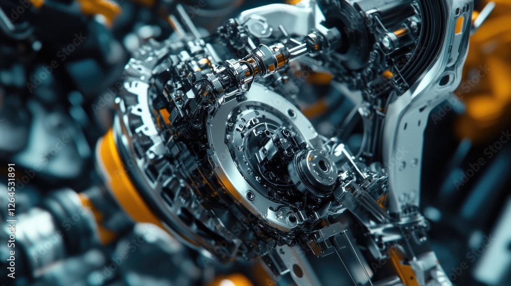 Fototapeta premium Close-up of complex metallic mechanism, intricate gears and polished components.
