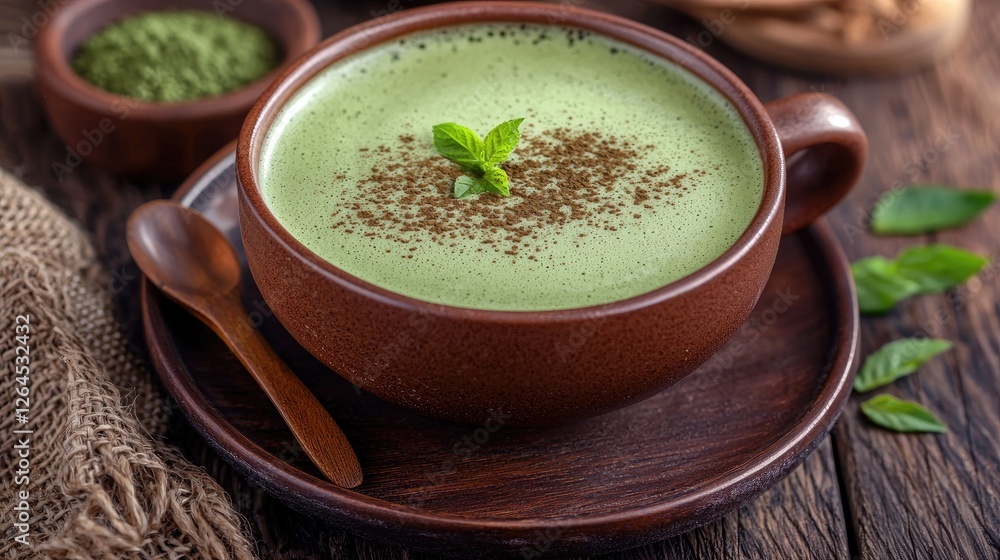 A rich green matcha latte served in a rustic bowl, garnished with mint, on a wooden table A rich green matcha latte served in a rustic bowl, garnished with mint, on a wooden table