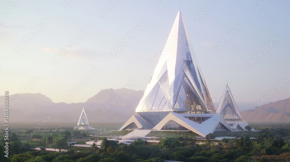 Obraz premium Futuristic Spear Tower in Orchard Landscape - Ultra-Detailed Space-Age Architecture with Reflective Panels | Cinematic Image