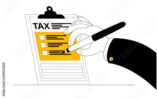 Hand filling out a tax form. Horizontal banner with an illustration on the topic of taxation. Simple cartoon style.