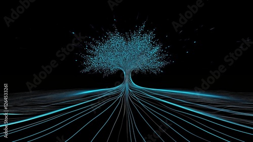 Majestic Blue Tree Illuminated Against Dark Background with Glowing Light Trails
