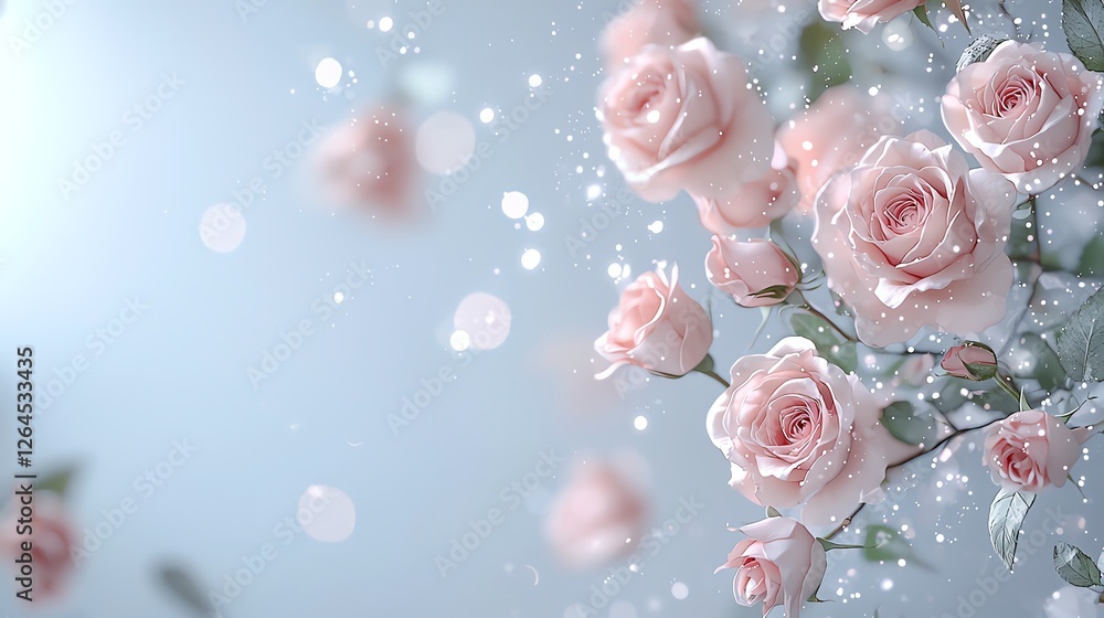 Delicate pink roses with sparkling lights on a soft blue background create an enchanting, dreamy floral scene. Delicate pink roses with sparkling lights on a soft blue background create an enchanting, dreamy floral scene.