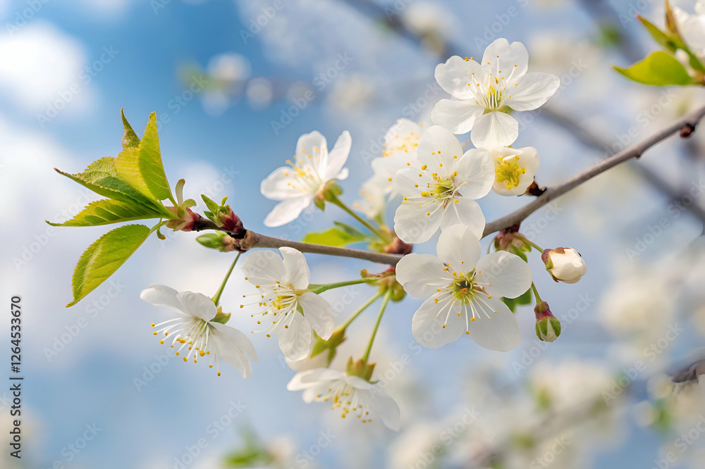 Obraz premium Closeup Of White Blossoms Against A Soft Cloudy Sky During Springtime,With