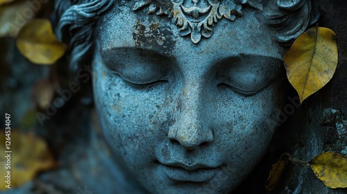 Wallpaper Mural Buddha statue surrounded by autumn leaves, tranquil garden art, meditation decor, nature-inspired art, peaceful sculpture for home and wellness spaces. Torontodigital.ca