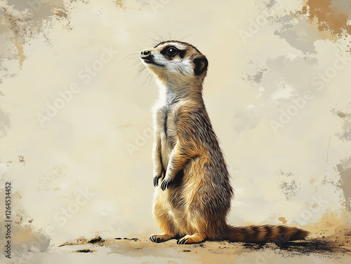 Playful Meerkat Standing Upright on Sandy Beige Background — Curious Wildlife Portrait