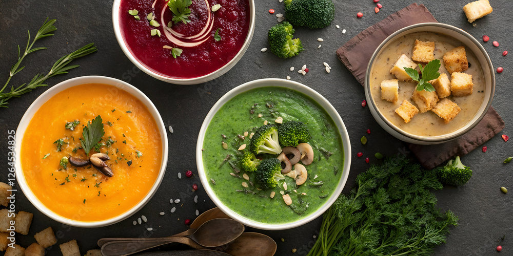 Assorted Creamy Vegetable Soup Display Featuring Various Vegetables Including Assorted Creamy Vegetable Soup Display Featuring Various Vegetables Including