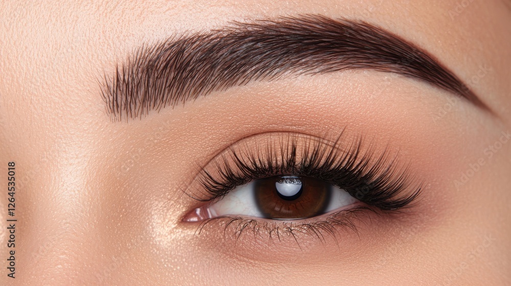 Eyebrow fashion thick enhancement concept. Naturally Thick and Voluminous Eyebrows Highlighted in Closeup Portrait of Captivating Female Model Eyebrow fashion thick enhancement concept. Naturally Thick and Voluminous Eyebrows Highlighted in Closeup Portrait of Captivating Female Model