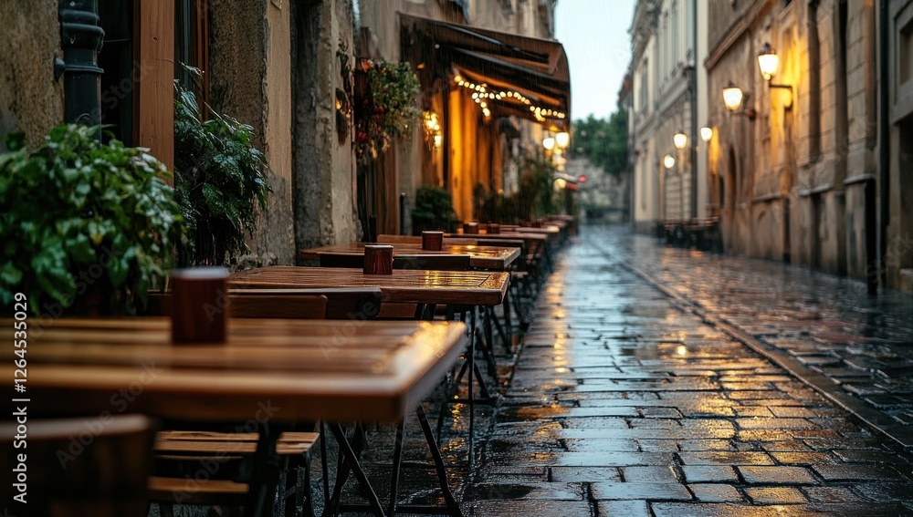Fototapeta premium Rainy Evening at a Charming European Street Cafe