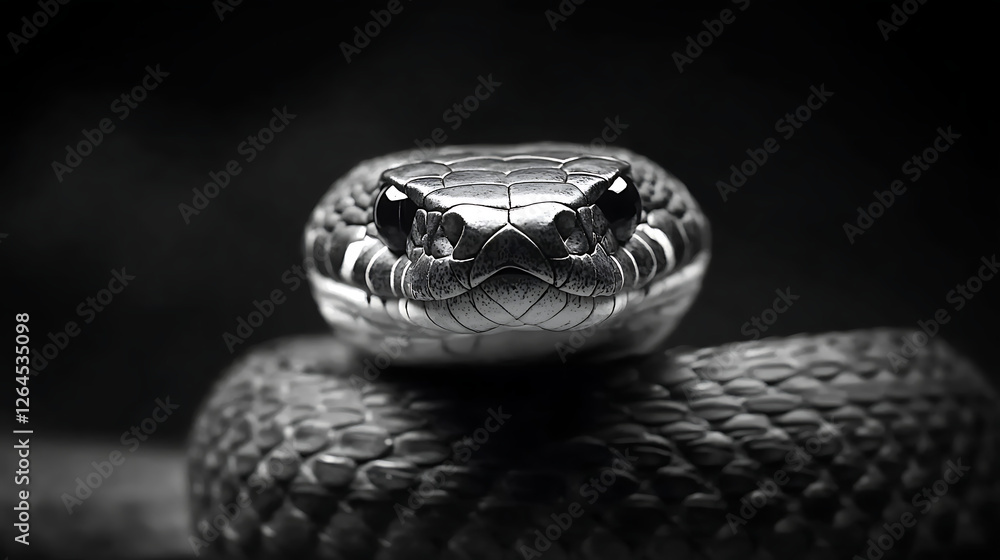 Obraz premium Monochrome Serpent Head Stare Coiled Up Close Wildlife Reptile Scales Reptilian Predator Eyes Wild Animal