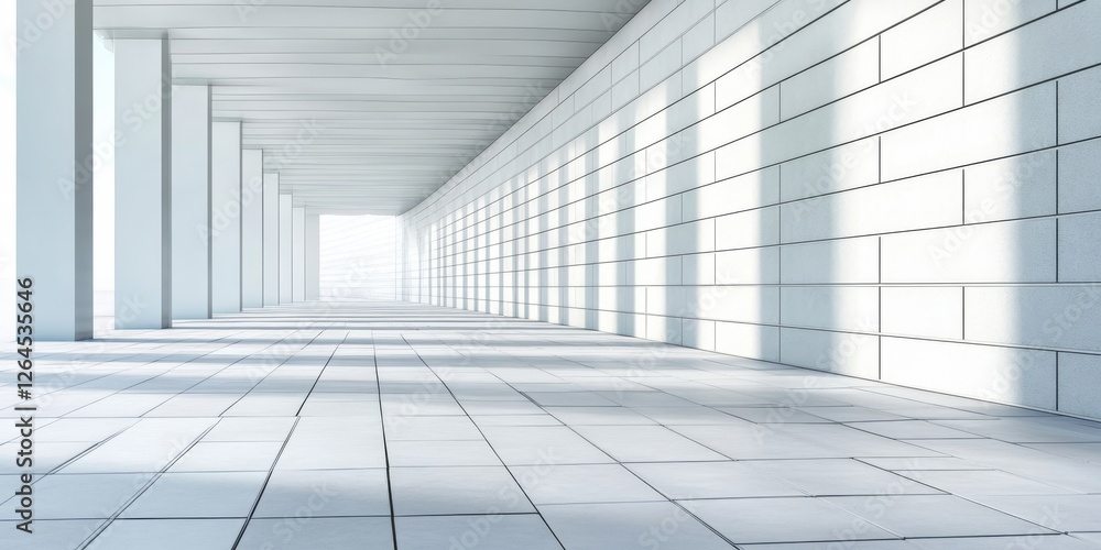Fototapeta premium Modern White Building with Long Stone Columns and Light Shadows on a Spacious Light-Toned Floor in Sunlight