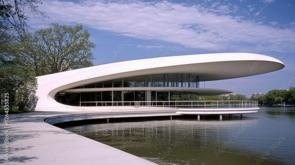 Fototapeta premium Futuristic Swan-Shaped Waterfront Pavilion with Observation Decks | Ultra-Detailed Space-Age Architecture