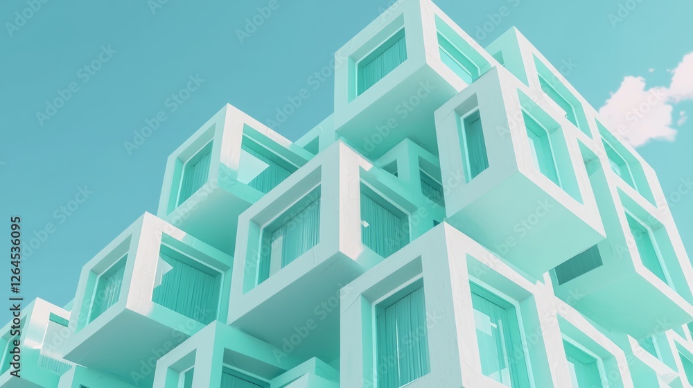 Futuristic Cubic Cluster of Living Modules in Pastel Turquoise - Ultra-Detailed Space-Age Architecture Cinematic Image Futuristic Cubic Cluster of Living Modules in Pastel Turquoise - Ultra-Detailed Space-Age Architecture Cinematic Image