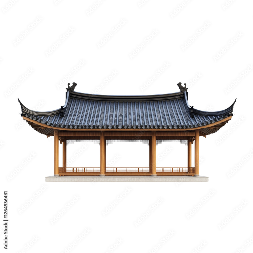 Fototapeta premium 3D rendering of a Japanese black tile roof on top of a wooden pavilion on a white background