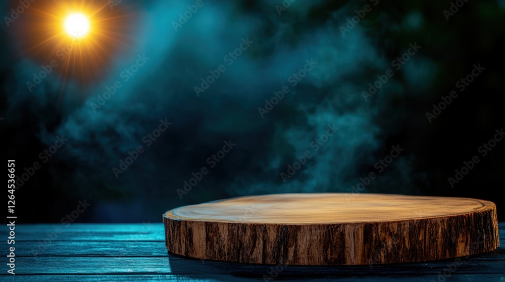 Fototapeta premium Mystic Wooden Slice on a Smoky Background: A Dark and Enigmatic Still Life