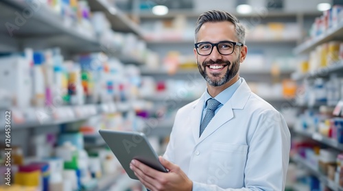 Friendly Pharmacist Using Tablet in Pharmacy.