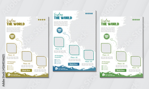 Explore the World Travel Flyer Web Banner Leaflet Poster Brochure. Summer beach holiday Social Media Promotional Ads Design for Travel Agency or company template with mockup layout.  