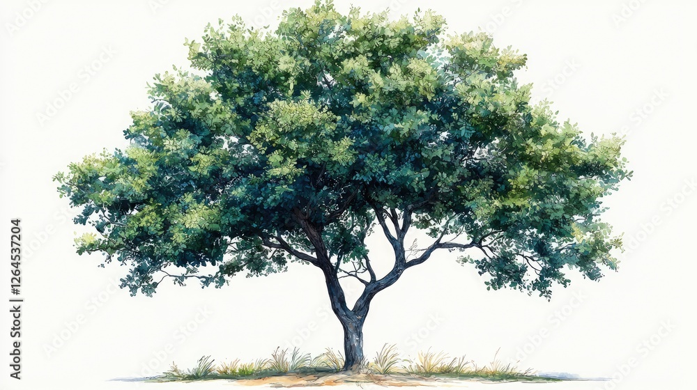 Fototapeta premium Lush green tree standing alone on a grassy patch, surrounded by a serene, empty landscape