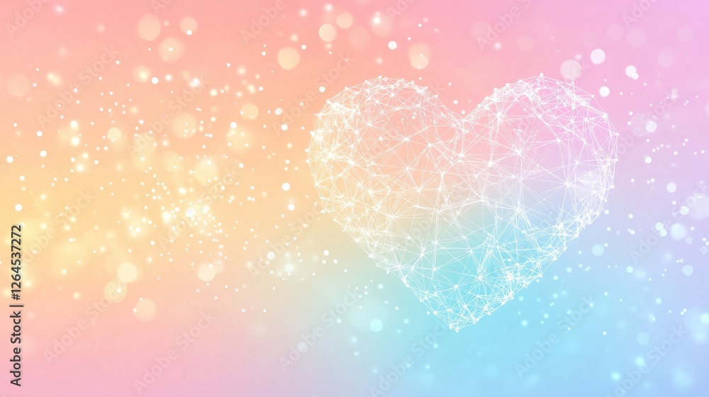 Obraz premium Polygonal love valentine heart made of connected lines and dots on blurred gradient multicolor background for greeting card. Valentine's Day holiday banner concept.