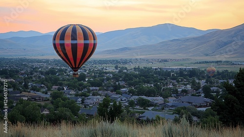 Hot air balloon soaring over a picturesque town at sunrise.