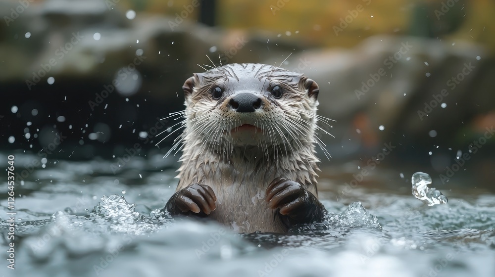 Playful otter swimming in a serene pond, surrounded by splashing water and lush greenery Playful otter swimming in a serene pond, surrounded by splashing water and lush greenery