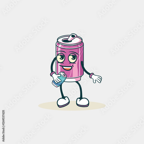 A happy soda can cartoon character enjoys a drink