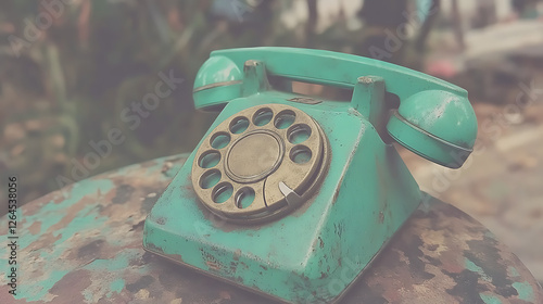 Nostalgic Turquoise Rotary Telephone on Rusty Table Recalling Past Conversations and Memories photo